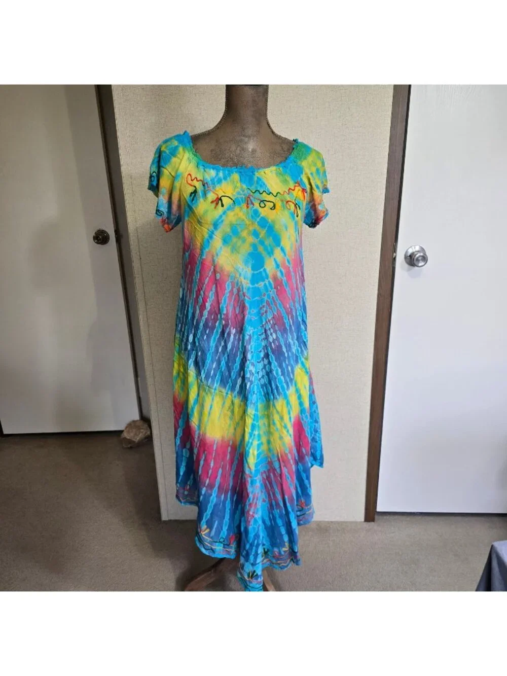 Ace Fashion L Flowy Tie-Dye Rayon Boho Dress Multicolor Short Sleeve Festival - Picture 1 of 5